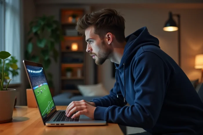 Jeune homme regardant un match de football en direct sur son ordinateur portable via un site de streaming sportif