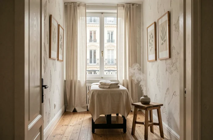 Studio de massage naturiste parisien avec table préparée, diffuseur d'huiles essentielles et décoration naturelle apaisante