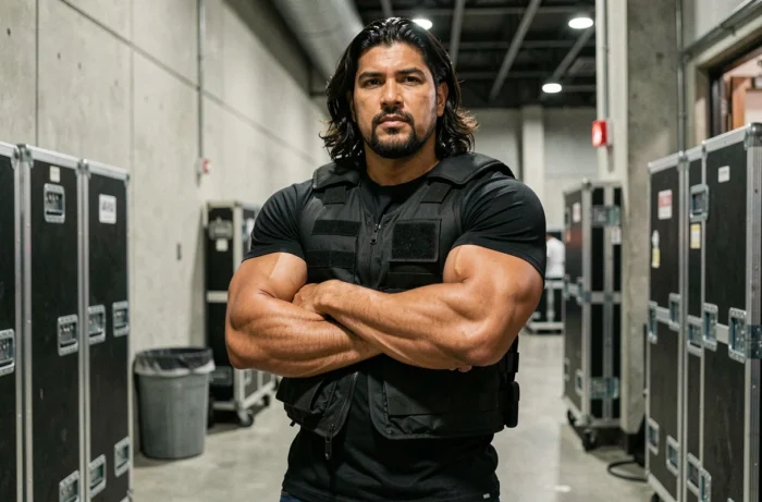 Catcheur professionnel imposant en coulisses d'une grande arène, illustrant la stature et le physique d'une superstar du catch mondial