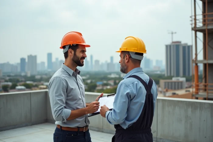 Chef de projet immobilier supervisant un chantier de construction en discussion avec un contremaître sur une terrasse en béton