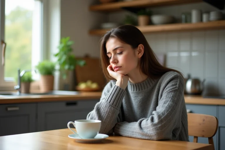 Femme fatiguée assise à une table de cuisine tenant sa tête, illustrant les symptômes atypiques du variant Covid 2026