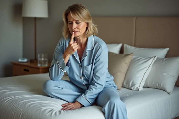 Femme en pyjama assise sur un lit vérifiant sa gorge avec un thermomètre posé à côté, symptômes atypiques du Covid variant 2026