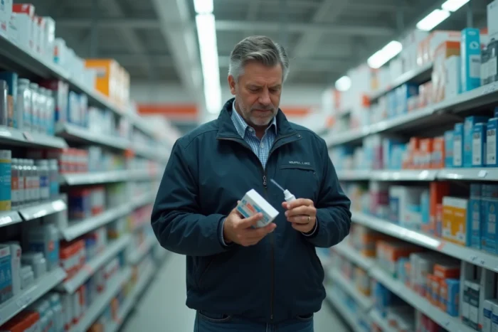Homme en pharmacie examinant un médicament, représentant la recherche de remèdes face aux nouveaux symptômes Covid 2026