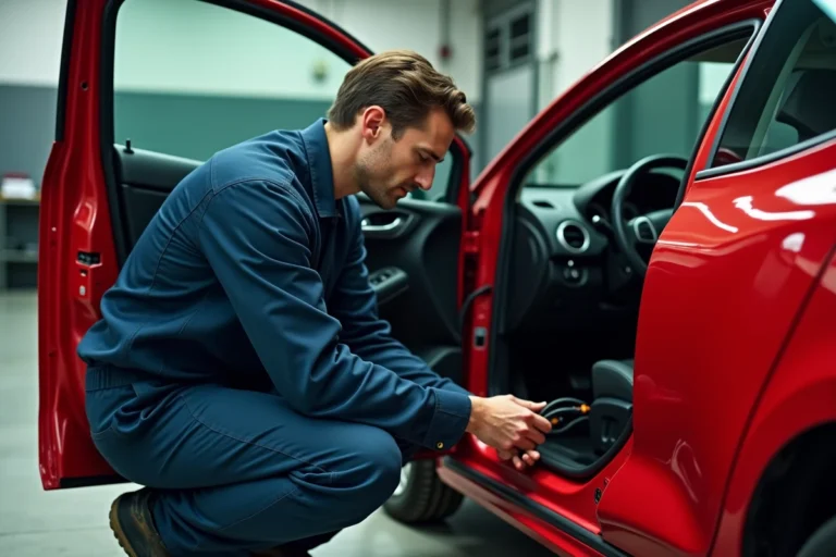 Technicien automobile examinant le faisceau électrique sous le tableau de bord d'une Renault Clio 2 pour désactiver l'anti-démarrage