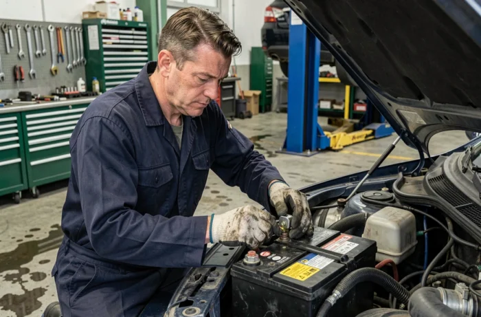 Technicien automobile connectant une nouvelle batterie de voiture dans un atelier professionnel lors d'une réinitialisation après changement de batterie
