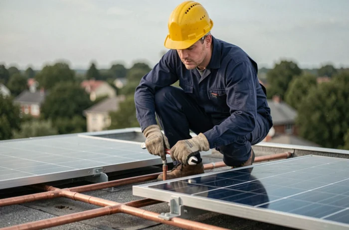 Technicien professionnel installant un collecteur solaire thermique à plat sur le toit d'une maison individuelle