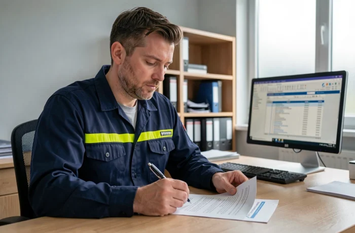 Technicien territorial en uniforme consultant sa grille indiciaire dans un bureau administratif municipal