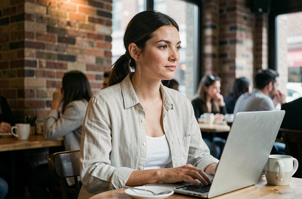 Femme assise dans un café portant un tee-shirt Percko sous une chemise en lin, posture corrigée au travail