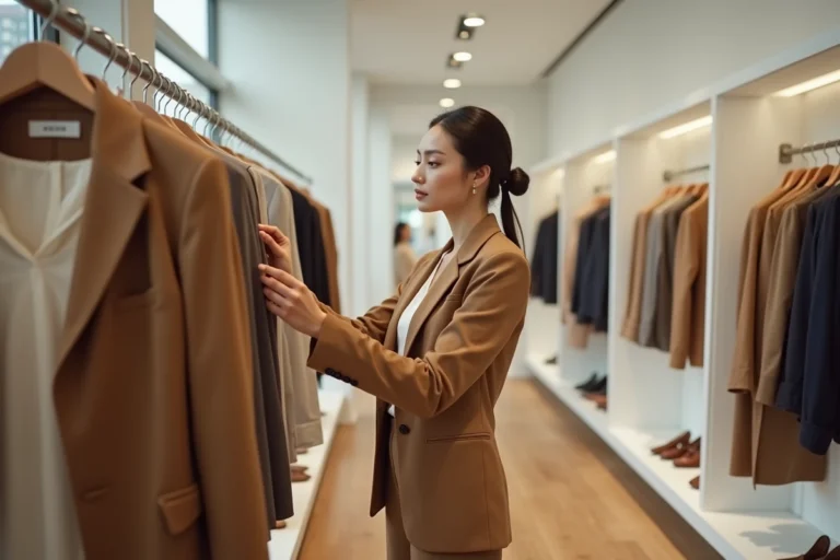 Femme élégante en blazer camel explorant les dernières tendances mode dans une boutique minimaliste