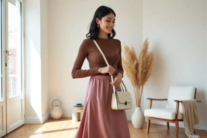 Femme en jupe midi satin rose poudré et top en maille chocolat dans un appartement contemporain lumineux, illustrant les tendances mode incontournables pour un style unique cette saison