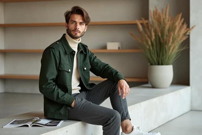 Homme stylé en veste utilitaire verte et pull col montant ivoire assis dans un concept store minimaliste moderne, incarnant les tendances mode masculines incontournables de la saison
