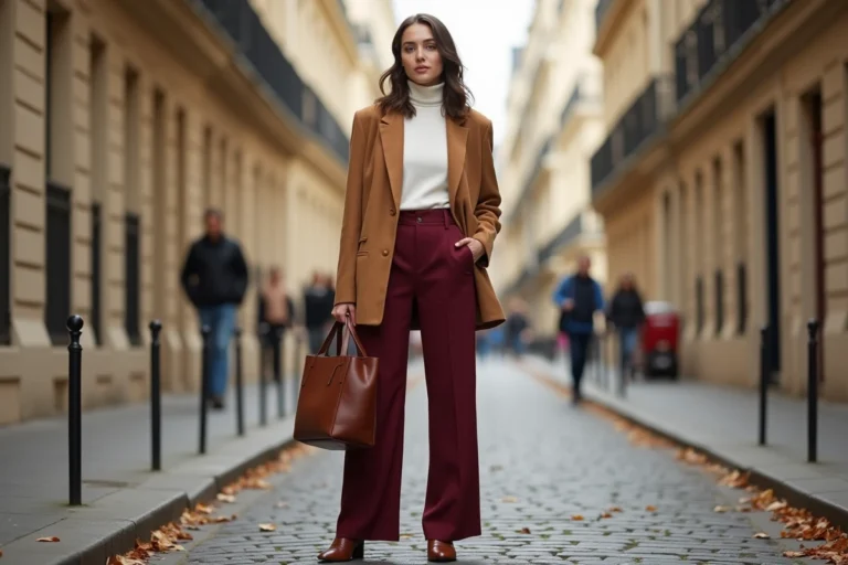 Femme élégante portant un blazer camel oversize et un pantalon large bordeaux dans une rue pavée parisienne en automne, illustrant les tendances mode de la saison