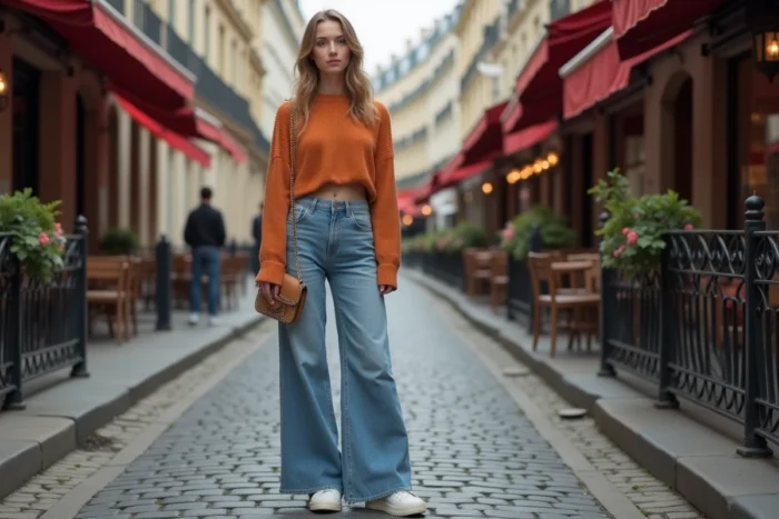 Jeune femme tendance en pull côtelé terracotta et jean large dans une rue parisienne pavée