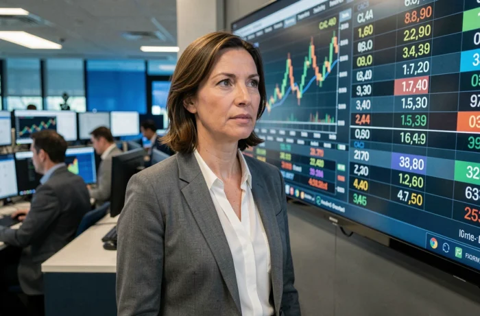 Trader professionnelle devant un écran d'indices boursiers européens sur un plateau de trading moderne