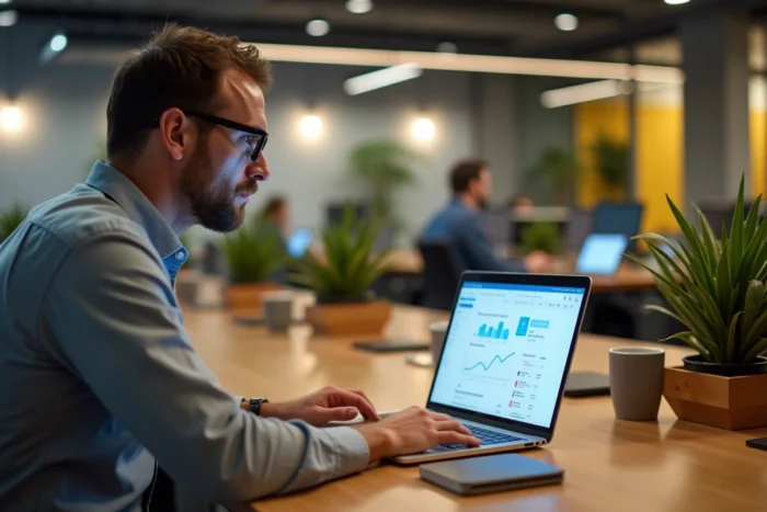 Homme travaillant sur son ordinateur portable dans un espace de coworking au quartier Victoire de Bordeaux