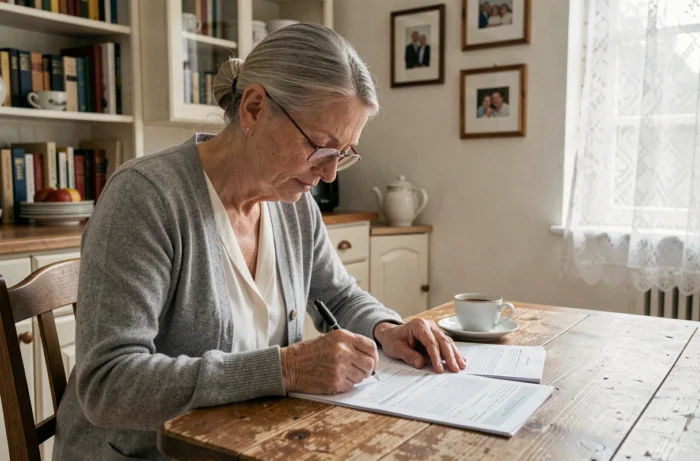 Femme veuve âgée consultant ses documents fiscaux à la table de sa cuisine, illustrant la gestion de la demi-part fiscale