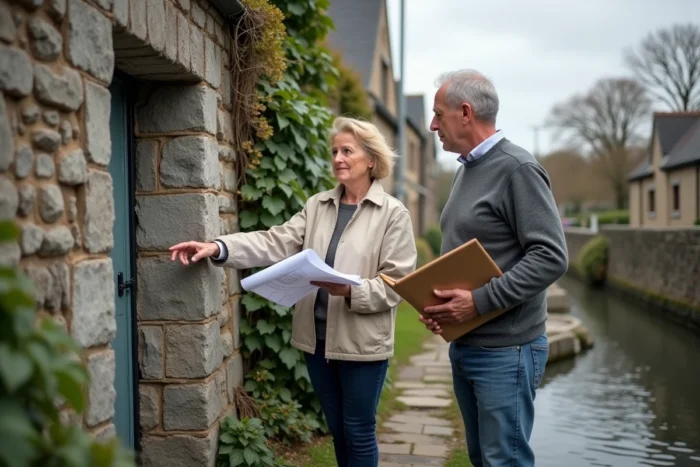Visite d'acquisition d'une maison éclusière bretonne avec inspection des murs en granit par des acquéreurs et un expert