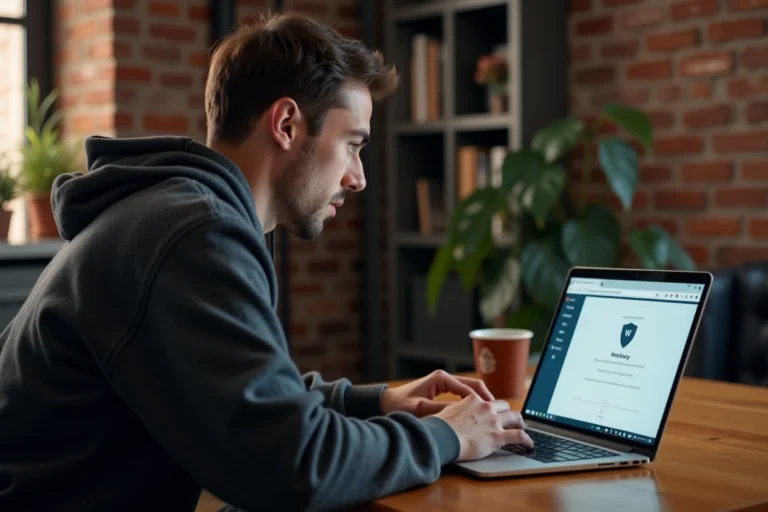 Homme utilisant un VPN sur son ordinateur portable dans un bureau à domicile pour accéder à des sites de manière anonyme