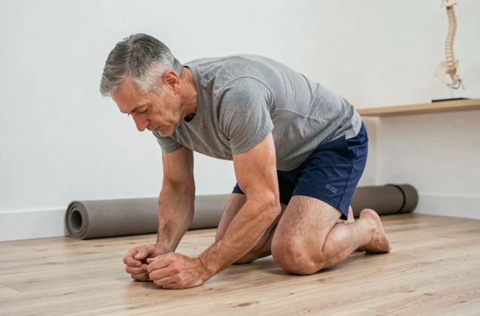 Homme pratiquant une posture de yoga douce pour soulager une hernie foraminale à domicile